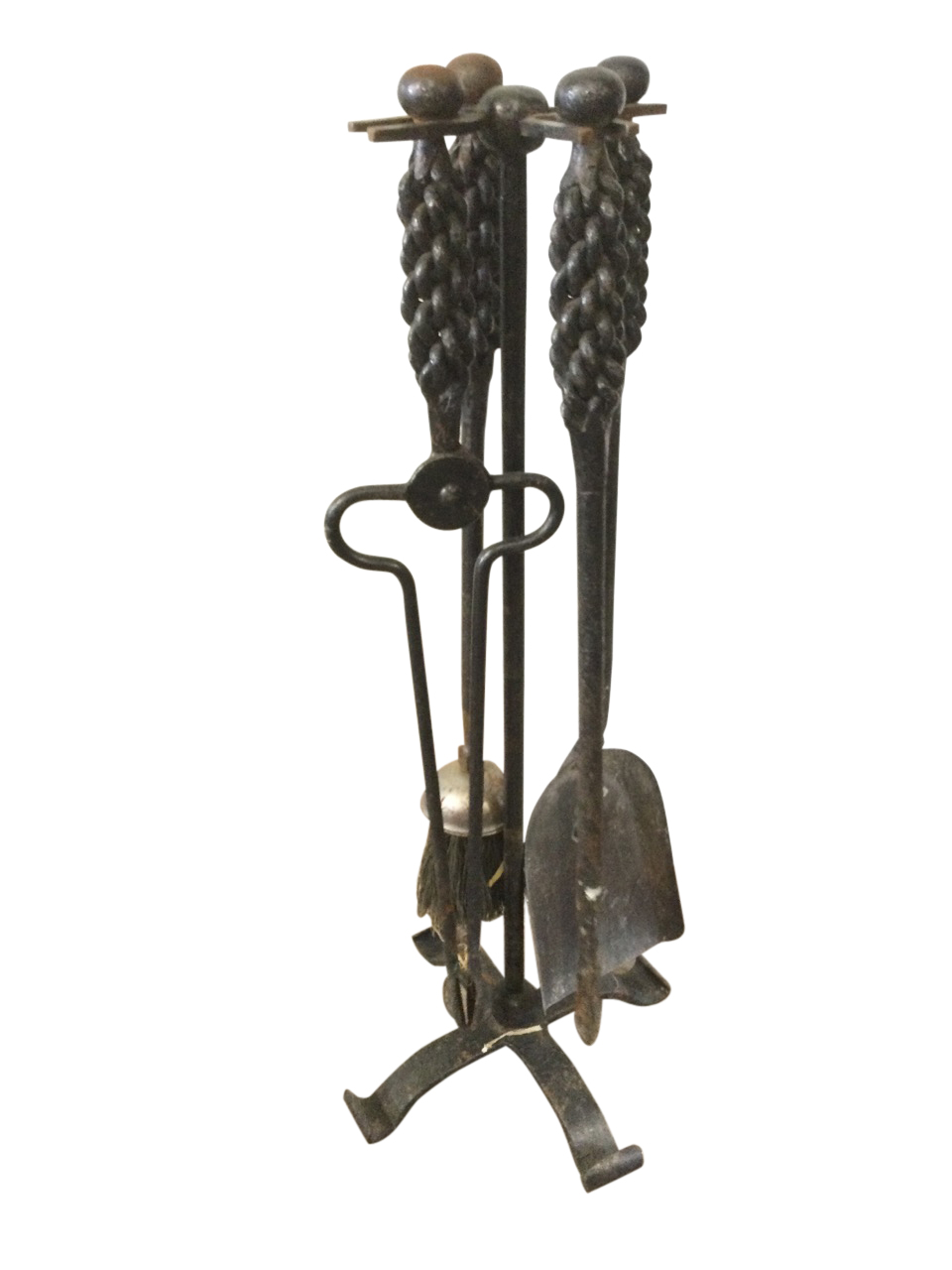 A set of wrought iron firetools on stand, having ropetwist type handles - poker, tongs, shovel &