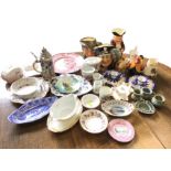 Miscellaneous ceramics including two Doulton character jugs, a pair of blue & white Ironstone