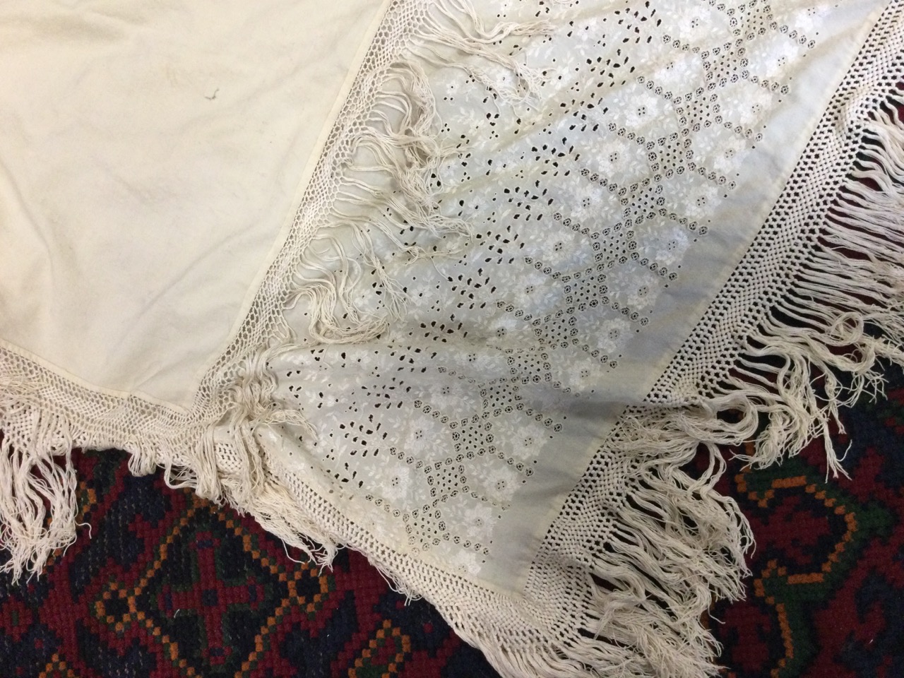 A Victorian cotton shawl embroidered with openwork flowers, having border with crocheted plaited - Image 3 of 3