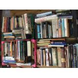 Five boxes of miscellaneous books including novels, religion, cookery, gardening, dictionaries,