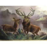 Robert Cleminson, Victorian oil on canvas, stag & hind in highland landscape, signed & gilt