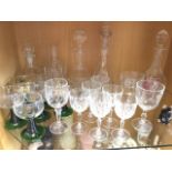 Miscellaneous glass including decanters & stoppers, a set of six ribbed hock glasses, an overlaid