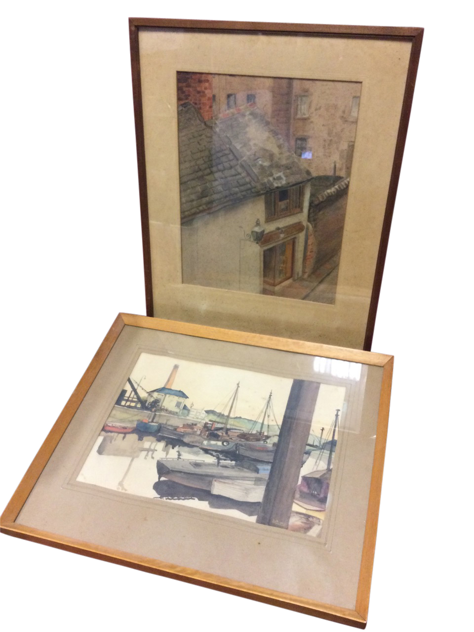 Watercolour, boats at quayside, signed with initials JKR and dated 1952, mounted & framed; and a