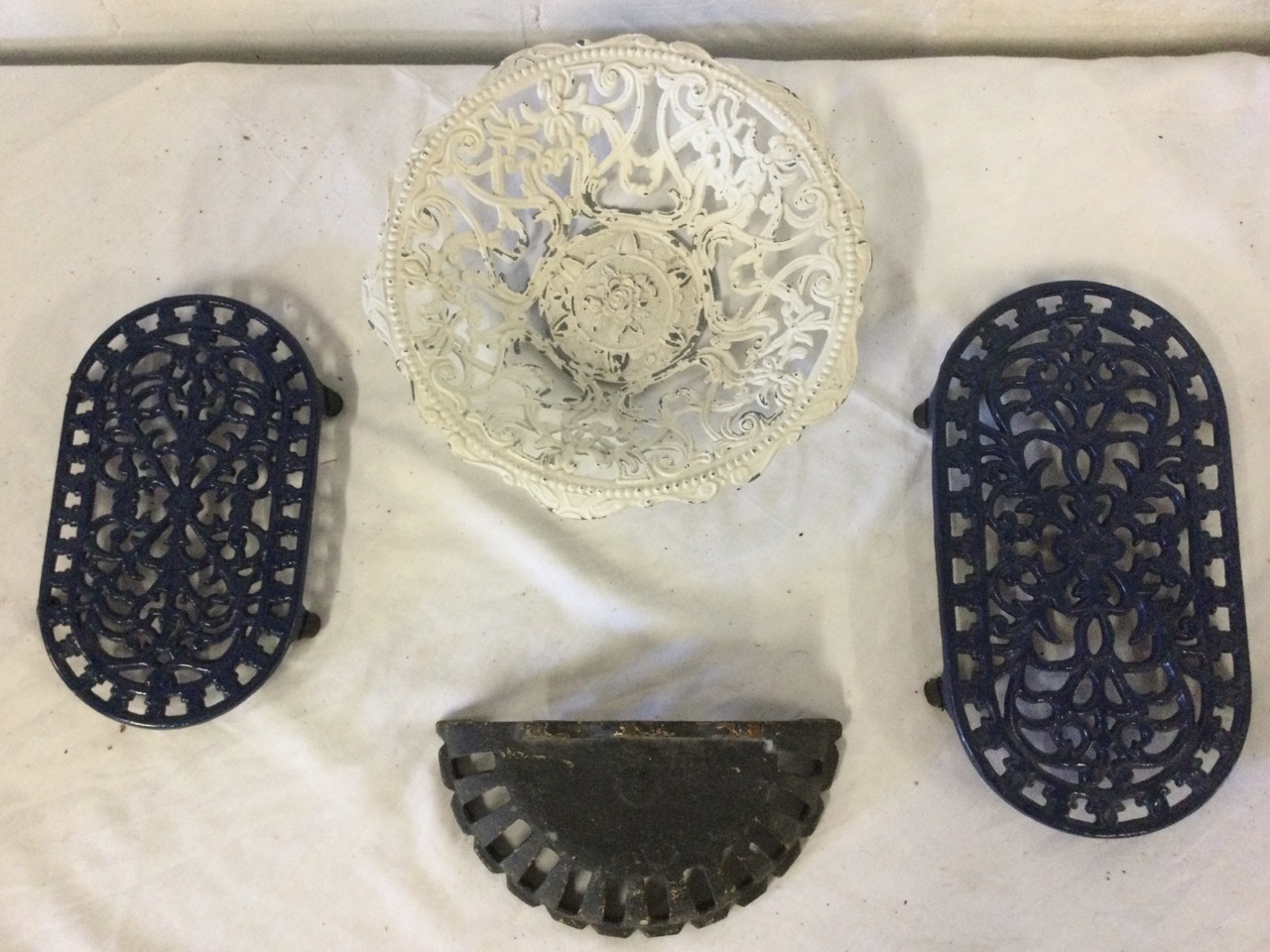 Five painted cast iron stands with pierced panels; a cast horseshoe shaped sundial base; a - Image 2 of 3