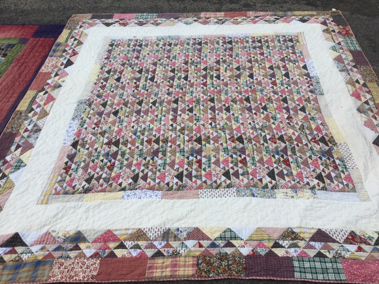 A patchwork quilt sewn with square tartan panels (97in x 101in); another square quilt sewn with - Image 2 of 3