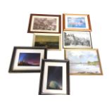 Seven miscellaneous framed pictures & prints including a pair of twilight coloured photographs, a