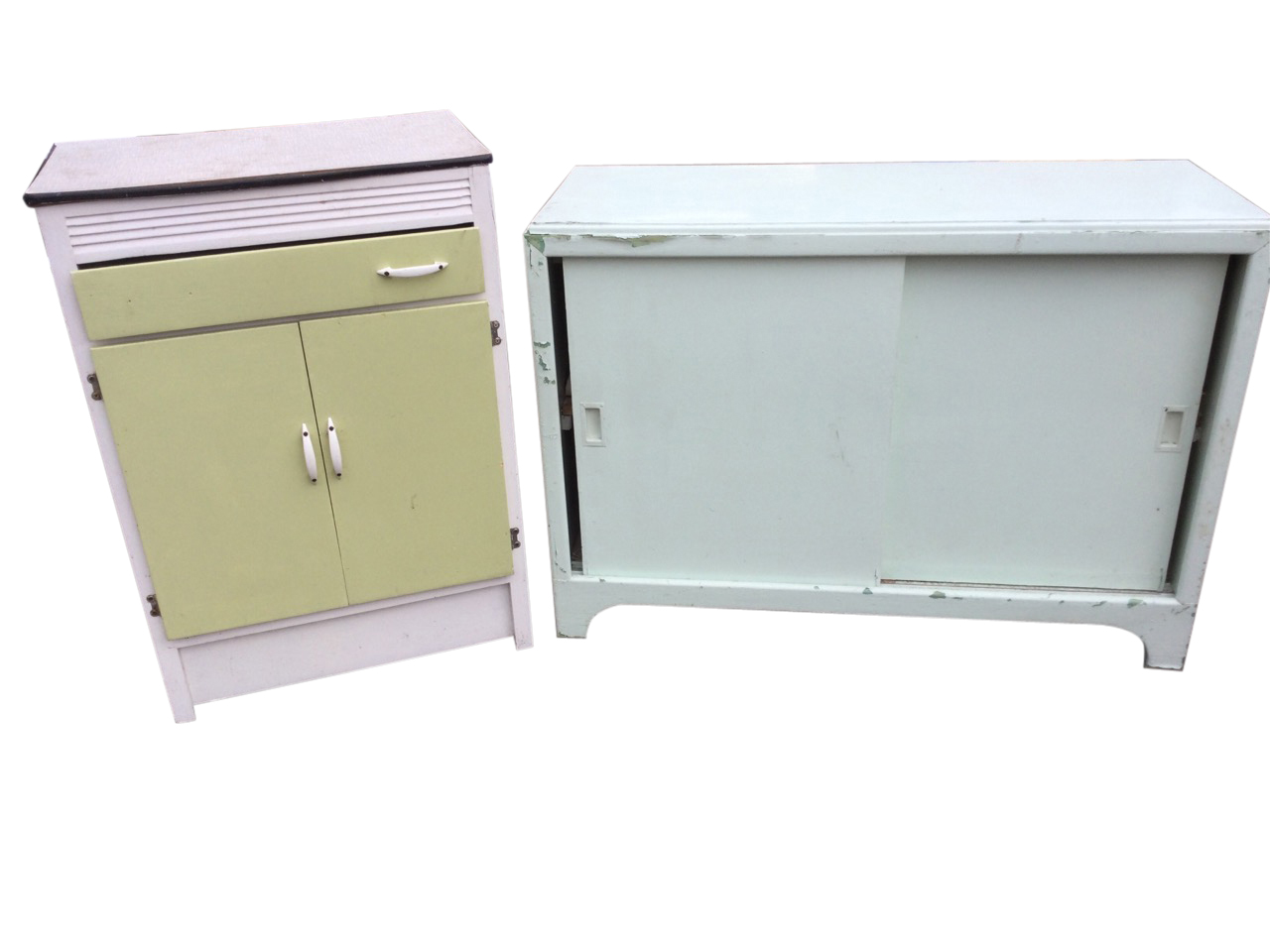 A painted cabinet with formic top above a drawer, with cupboards below; and another painted