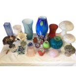 Miscellaneous art glass including paperweights, Adrian Sankey, vases, toadstools, French, a carnival