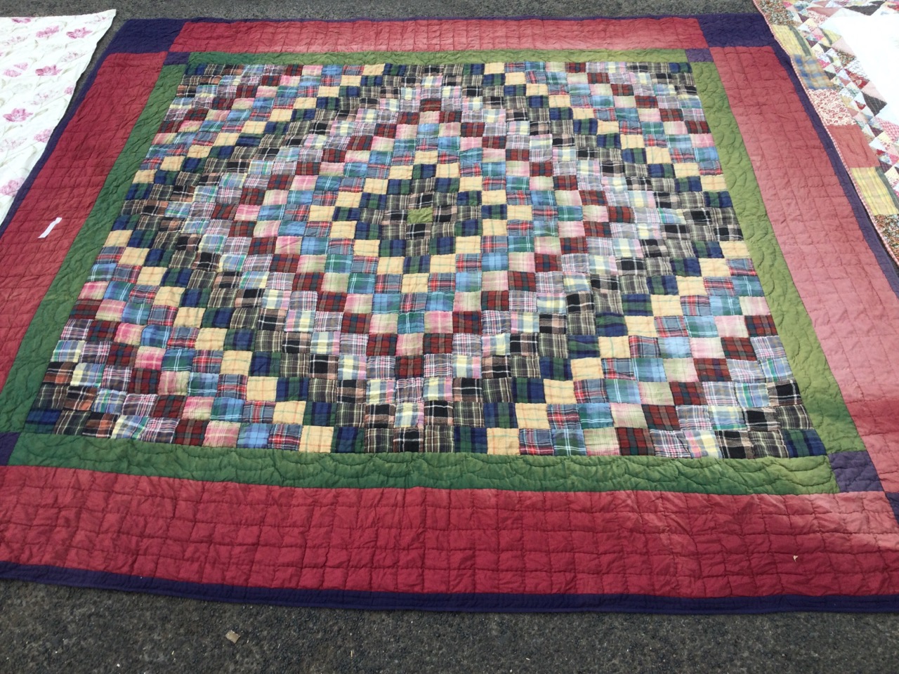 A patchwork quilt sewn with square tartan panels (97in x 101in); another square quilt sewn with - Image 3 of 3