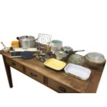 Miscellaneous kitchen dishes, bowls, Denby, pans, corkscrews, trays, Pyrex, a pestle & mortar,