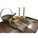 Seven antique printing blocks - copper & carved; and miscellaneous brass including a jam pan, a pair