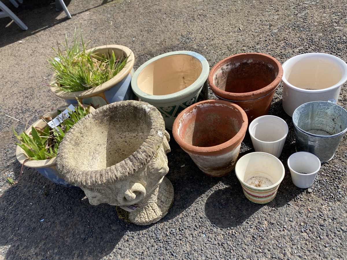 A composition stone urn moulded with rings & lionheads; three glazed garden plantpots; and other - Image 3 of 3