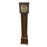 An oak cased grandmother clock, the silvered chapter ring framed by pierced brass spandrels, the