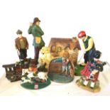 Eight painted cast iron flatback style doorstops - golfers, Scotsman in kilt, train, thatched pub,