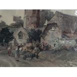 Sturgeon, lithographic coloured print, figures outside village church and thatched cottage, signed