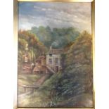 HM Bell, nineteenth oil on canvas, mill landscape scene, signed, and in gilt & gesso frame. (9.5in x