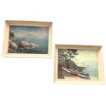 Aristiano?, oil on boards, a pair, coastal views with rocks, signed indistinctly, framed. (15.25in x