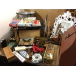 Miscellaneous treen, games, etc., including a wood breadbin, a model car, butterpats, flasks,