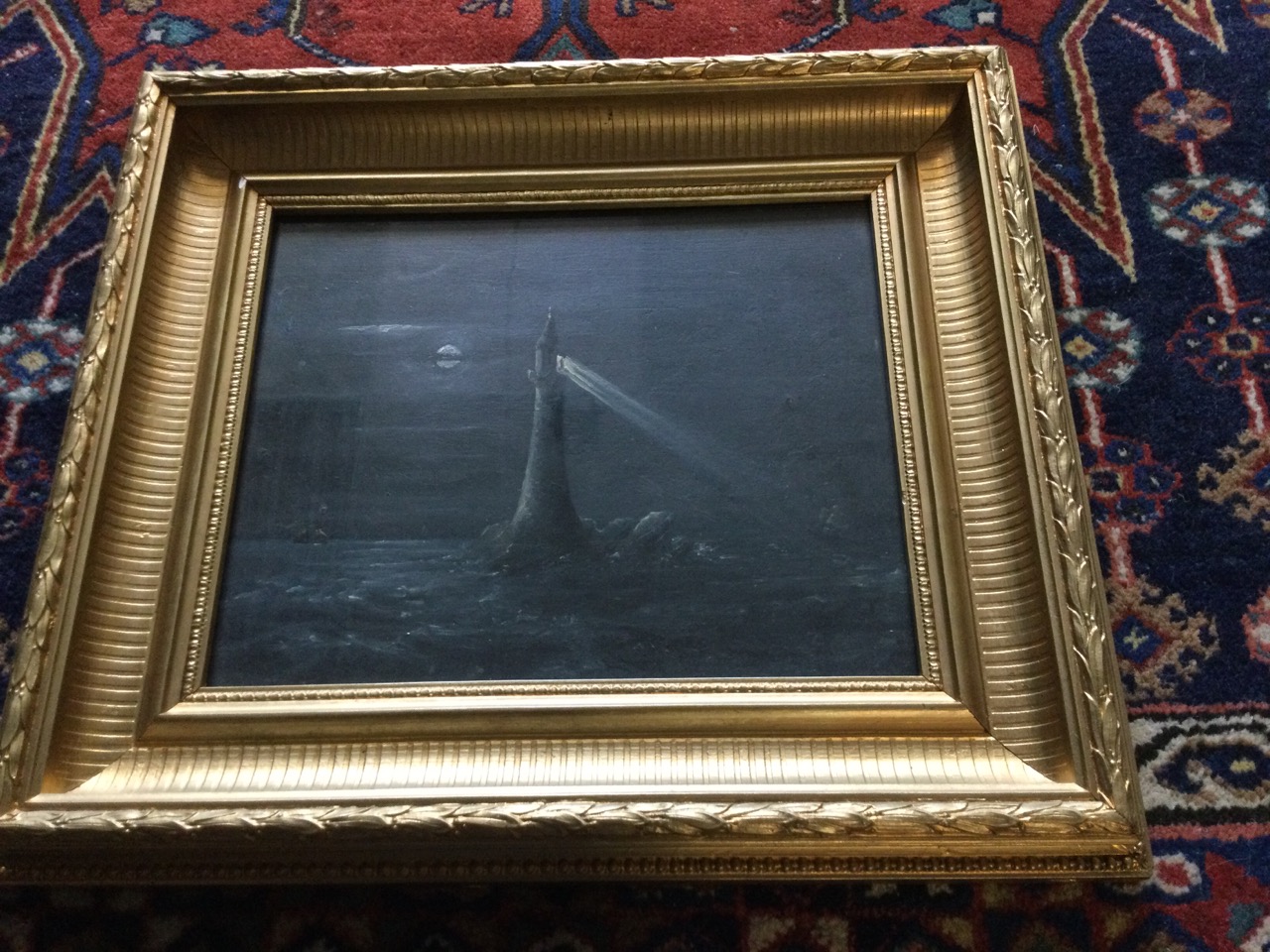 Nineteenth century oil on board, moonlit lighthouse scene with distant vessels, unsigned and in gilt - Image 3 of 3