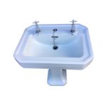 A C20th Shanks pedestal washbasin, the rectangular sink with canted corners, integral overflow,