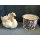 A large Staffordshire swan vase; and a chamfered late Victorian jardiniere having chinoiserie floral