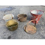 Three jam pans - brass, cast iron & aluminium; a galvanised tapering fire bucket; and a circular