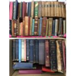 Two boxes of mainly leather and cloth bound vintage books:- some Shakespeare volumes, algebra,