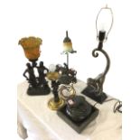 Four contemporary tablelamps - horse & rider, two classical maidens, a bronze style monkey and a