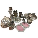 Miscellaneous silver plate and pewter including an early Old Sheffield plate teapot, a meat cover, a