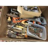 A quantity of miscellaneous tools including chisels, saws, new taps, spanners, hammers, trowels, set