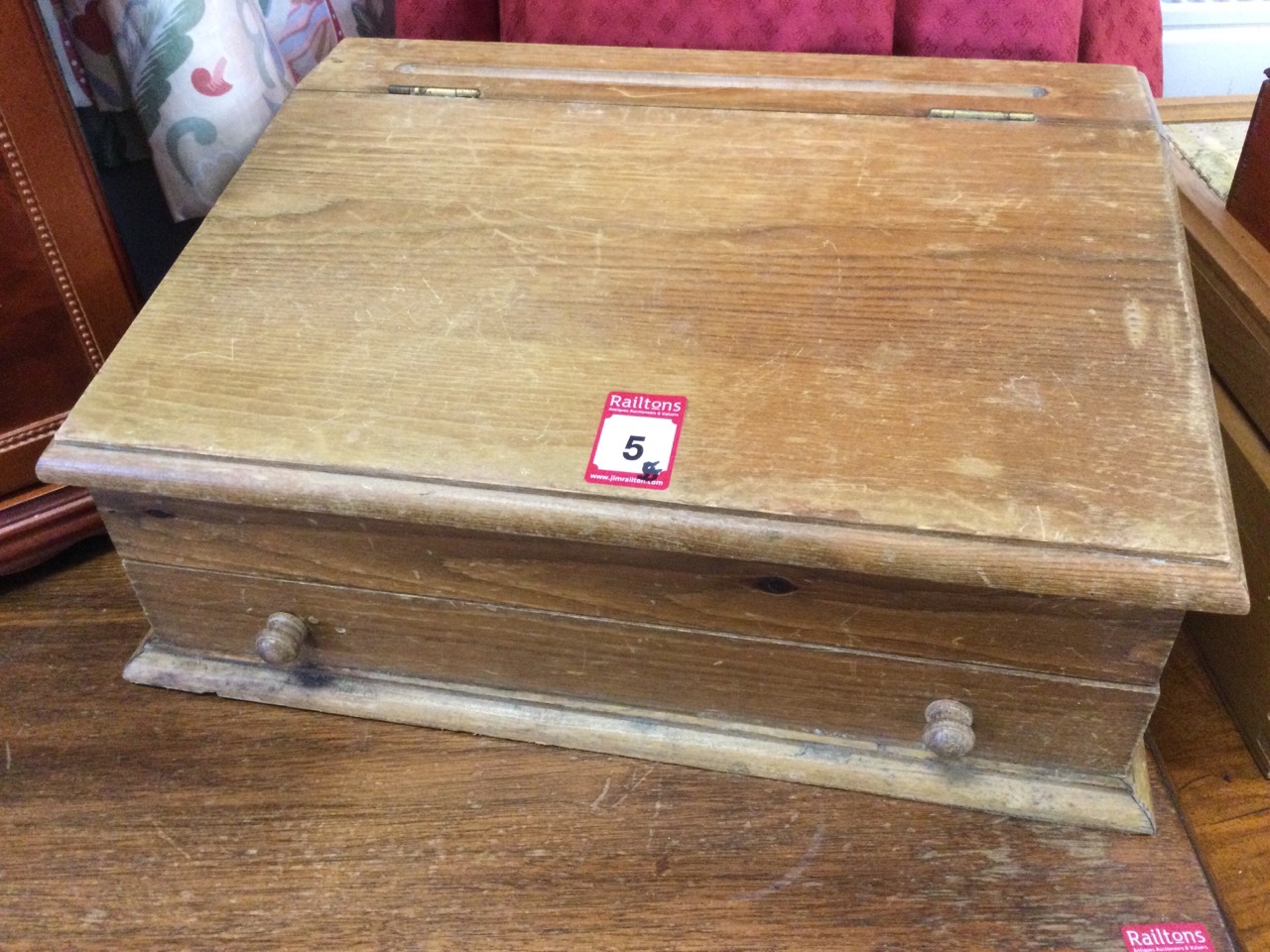 A rectangular beech sewing box with tapestry to lid; a kitchen recipe box; a pine childs desk with - Image 2 of 3