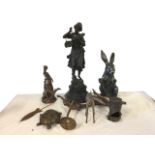 Miscellaneous metal sculpture pieces including a spelter art nouveau girl on socle, animals, a