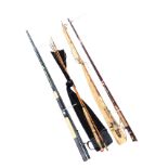 An Alex Martin three-piece split cane fly rod with brass mounts; a Powermatch 11ft three-piece