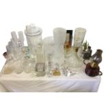 Miscellaneous glass including decanters & stoppers, a vase with hallmarked silver rim, drinking