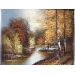 M Burton, oil on canvas, autumn river landscape, signed & gilt framed. (23.5in x 19.5in)