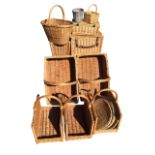 Miscellaneous wicker baskets including hamper style, pairs, rush placemats, bottle baskets, an