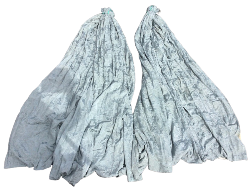 A pair of duck egg blue, lined, damask style curtains. (82in x 120in) (2)