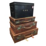 Three leather suitcases; and a black tin deed box. (4)