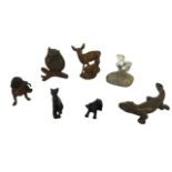 Six cold painted cast animals - spelter, some old, lead, etc.; and a plated wren. (7)