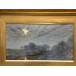 Edwardian oil on board, moonlit river landscape with cow in foreground, unsigned, in gilt & gesso