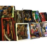 A large quantity of tools, some old & some unused, including pliers, saws, hammers, clamps,