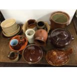 Miscellaneous salt glazed stoneware including pie dishes, Denby, jugs, a salt pot, a Portmeirion