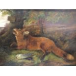 Robert Cleminson, Victorian oil on canvas, fox with game on mossy wooded bank below tree, signed &
