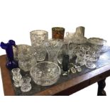 Miscellaneous glass bowls, vases, jugs, Edinburgh Crystal, comports, some cut, moulded cakestands,