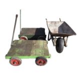 A substantial garden wheelbarrow with ash shafts, rubber tyre and metal legs; and two rectangular