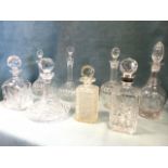 Eight miscellaneous glass decanters & stoppers - heavy cut, sherry type, mallet shaped, Thomas Webb,