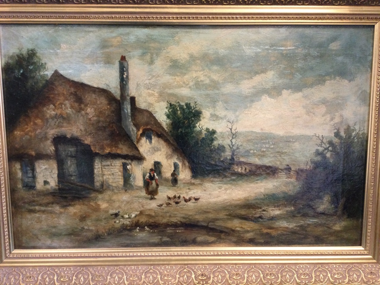 Nineteenth century oil on canvas, country landscape scene with cottage and figures with ducks &