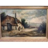 Nineteenth century oil on canvas, country landscape scene with cottage and figures with ducks &