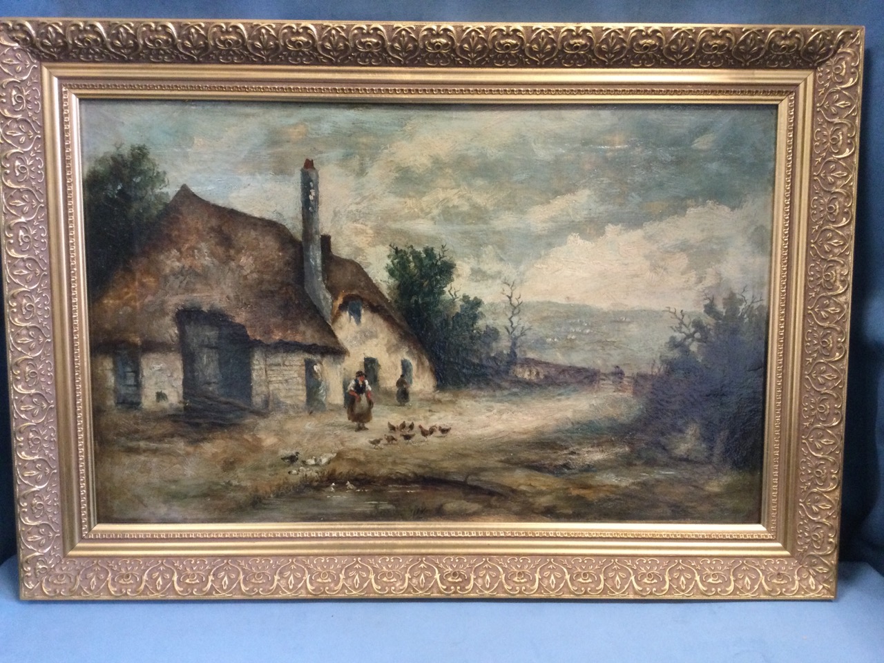 Nineteenth century oil on canvas, country landscape scene with cottage and figures with ducks & - Image 2 of 3