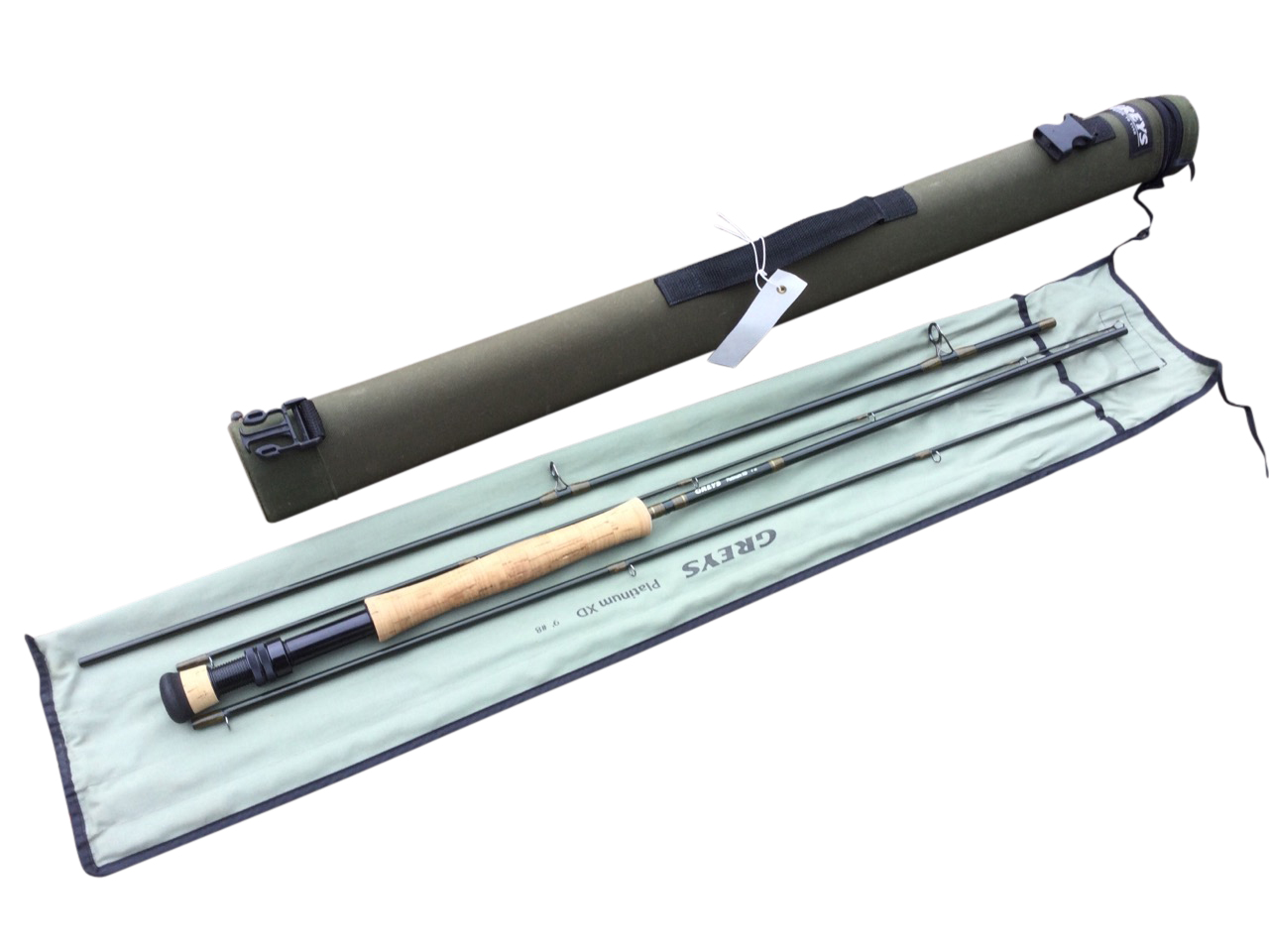 A Greys Platinum XD 9ft four-piece fly rod, with cloth sleeve and hard case.